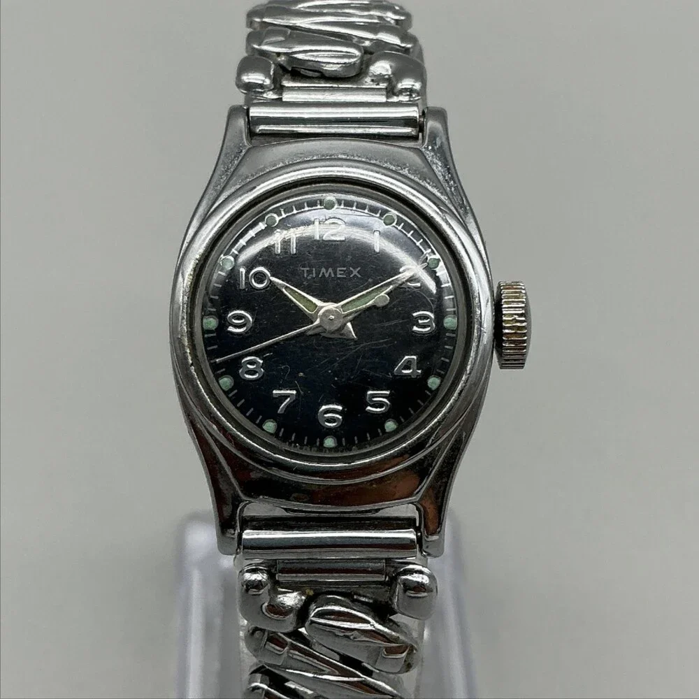 Vintage Timex 1960's Womens Watch 23mm Black Dial Stainless Stretch Band Manual